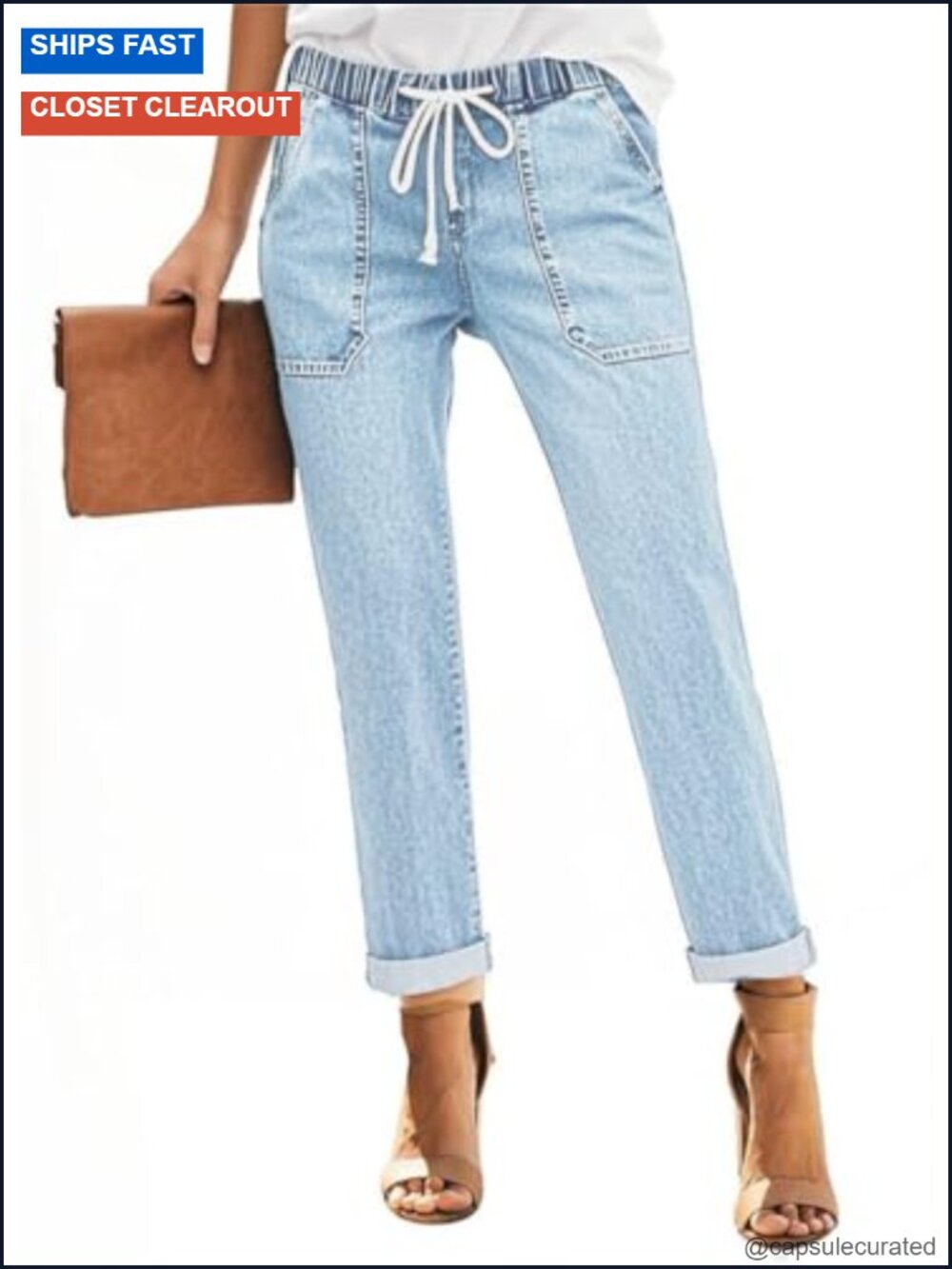 High Waisted Pull-On Stretch Jeans with Drawstring - Casual Cotton Joggers for